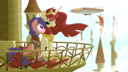 Size: 2880x1620 | Tagged: safe, artist:equestria-prevails, firefly, oc, oc:fausticorn, alicorn, pony, g1, g4, airship, balcony, g1 to g4, generation leap, lauren faust, ponified, tower