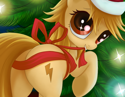 Size: 894x696 | Tagged: safe, artist:rainbow, oc, oc only, oc:2ch-pony, earth pony, pony, 2ch, butt, christmas, christmas tree, female, hat, holiday, looking at you, looking back, looking back at you, mare, mascot, mouth hold, plot, presenting, raised hoof, rear view, ribbon, santa hat, solo, tree