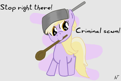 Size: 770x513 | Tagged: safe, artist:audax, dinky hooves, pony, unicorn, g4, cute, dialogue, female, filly, meme, mouth hold, oblivion, pan, solo, stop right there criminal scum, wooden spoon