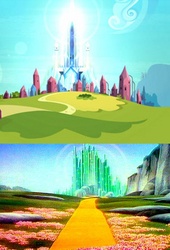 Size: 700x1032 | Tagged: safe, edit, edited screencap, screencap, g4, my little pony: friendship is magic, the crystal empire, comparison, cropped, crystal empire, emerald city, no pony, the wizard of oz