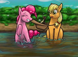 Size: 1329x980 | Tagged: safe, artist:man-eating-llama, applejack, pinkie pie, g4, duo, fishing, wet mane