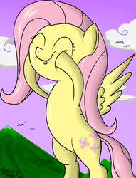 Size: 1000x1312 | Tagged: safe, artist:zsparkonequus, fluttershy, pegasus, pony, g4, cloud, eyes closed, female, hooves on cheeks, mare, mountain, outdoors, smiling, solo, spread wings, squishy cheeks, three quarter view, tongue out, wings