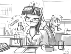 Size: 800x603 | Tagged: safe, artist:johnjoseco, derpy hooves, twilight sparkle, pegasus, pony, g4, clothes, female, glasses, grayscale, lab, lab coat, laboratory, mare, monochrome, science, test tube