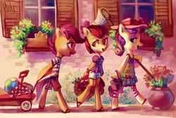 Size: 3448x2299 | Tagged: dead source, safe, artist:holivi, apple bloom, scootaloo, sweetie belle, earth pony, pegasus, unicorn, semi-anthro, g4, apple, ball, basket, bipedal, butterfly net, clothes, cutie mark crusaders, female, filly, flower, foal, food, wagon, window
