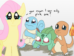 Size: 733x558 | Tagged: safe, artist:bibliodragon, fluttershy, bulbasaur, charmander, squirtle, g4, crying, pokémon, sad