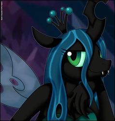Size: 840x882 | Tagged: safe, artist:verona, queen chrysalis, changeling, changeling queen, anthro, g4, bedroom eyes, crown, female, jewelry, regalia, solo