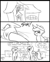 Size: 827x1025 | Tagged: safe, artist:metal-kitty, applejack, rainbow dash, comic:mlp project, g4, applejack is not amused, comic, looking at each other, looking at someone, punch, table, unamused