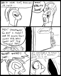 Size: 827x1025 | Tagged: safe, artist:metal-kitty, oc, comic:mlp project, comic, covering mouth, royal guard, shocked, wide eyes, yelling