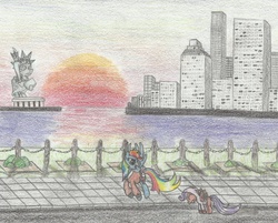 Size: 2364x1896 | Tagged: safe, artist:sakaerion, rainbow dash, scootaloo, g4, nintendo, pink jumpsuit, punch-out!!, skyscraper, statue of liberty, traditional art, training