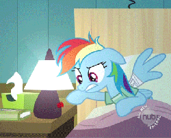 Size: 400x324 | Tagged: safe, screencap, rainbow dash, pony, g4, read it and weep, animated, bandage, bed, female, floppy ears, hospital, hospital bed, hub logo, lamp, light, light switch, loop, off, on, solo