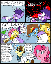 Size: 827x1025 | Tagged: safe, artist:metal-kitty, applejack, doctor horse, doctor stable, fluttershy, pinkie pie, rainbow dash, rarity, spike, twilight sparkle, dragon, earth pony, pegasus, pony, unicorn, comic:mlp project, g4, clothes, comic, crying, dark comedy, electrocardiogram, female, heart attack, hospital, imminent death, injured, levitation, magic, male, mare, stallion, syringe, tears of pain, telekinesis