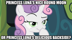 Size: 624x351 | Tagged: safe, edit, edited screencap, screencap, sweetie belle, pony, unicorn, family appreciation day, g4, caption, image macro, smug, solo, text, thinking