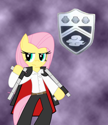 Size: 521x603 | Tagged: safe, artist:sonic-chaos, fluttershy, g4, badass, clothes, cloud, cloudy, crossover, flutterbitch, hitman reborn, jacket, katekyo hitman reborn, mafia, mafia fluttershy, reborn, stare, tonfa