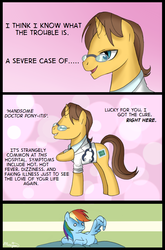 Size: 726x1098 | Tagged: safe, artist:musapan, doctor horse, doctor stable, rainbow dash, pegasus, pony, unicorn, g4, comic, dialogue, female, male, mare, narcissism, stallion, straight, wingboner