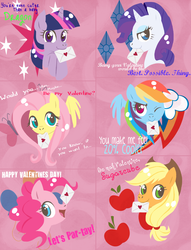 Size: 800x1049 | Tagged: safe, artist:musapan, applejack, fluttershy, pinkie pie, rainbow dash, rarity, twilight sparkle, g4, mane six, valentine