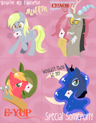 Size: 906x1169 | Tagged: safe, artist:musapan, big macintosh, derpy hooves, discord, princess luna, g4, text, valentine