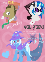 Size: 745x1024 | Tagged: safe, artist:musapan, dj pon-3, doctor whooves, time turner, trixie, vinyl scratch, g4, text, valentine, valentine's day
