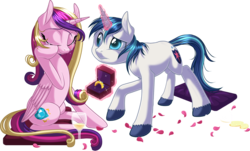 Size: 1516x918 | Tagged: safe, artist:kittehkatbar, princess cadance, shining armor, g4, alcohol, beautiful, crying, drink, female, male, marriage proposal, petals, princess sadance, romance, romantic, ship:shiningcadance, shipping, simple background, straight, tears of joy, transparent background, wedding ring, wine
