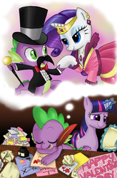 Size: 900x1372 | Tagged: safe, artist:peppersupreme, rarity, spike, twilight sparkle, g4, dancing, female, male, moustache, ship:sparity, shipping, straight, valentine's day