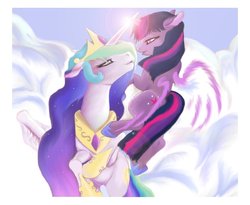 Size: 1321x1083 | Tagged: safe, artist:bri-sta, princess celestia, twilight sparkle, g4, artificial wings, augmented, female, horn, horns are touching, lesbian, magic, magic wings, ship:twilestia, shipping, wings