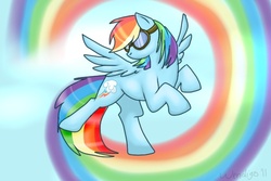 Size: 600x400 | Tagged: safe, artist:rainbow-smashed, rainbow dash, pegasus, pony, g4, female, flying, goggles, mare, rainbow, solo