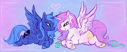 Size: 950x390 | Tagged: safe, artist:homosocks, princess celestia, princess luna, alicorn, pony, g4, duo, female, lying down, pink-mane celestia, prone, s1 luna, sisters