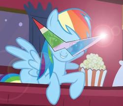 Size: 641x551 | Tagged: safe, edit, edited screencap, screencap, rainbow dash, pegasus, pony, g4, over a barrel, bed, cropped, female, food, kamina sunglasses, lens flare, mare, popcorn, solo, train