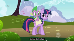 Size: 636x354 | Tagged: safe, screencap, spike, twilight sparkle, dragon, pony, g4, dragons riding ponies, riding, youtube caption