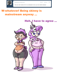 Size: 825x1055 | Tagged: safe, artist:secretgoombaman12345, diamond tiara, scootaloo, human, ask chubby diamond, g4, ask, belly, belly button, fat, glasses, hipster, humanized, impossibly large butt, muffin top, tumblr