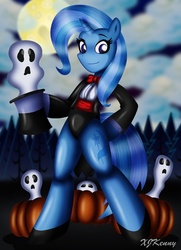 Size: 550x761 | Tagged: safe, artist:xjkenny, trixie, ghost, pony, undead, unicorn, g4, bipedal, clothes, halloween, hat, leotard, moon, night, pumpkin, top hat, tuxedo