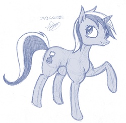 Size: 2440x2384 | Tagged: safe, artist:great-5, minuette, pony, g4, anatomically incorrect, female, incorrect leg anatomy, pencil drawing, raised hoof, solo, standing, traditional art
