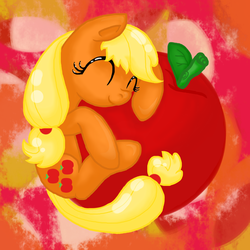 Size: 900x900 | Tagged: safe, artist:kyaokay, applejack, earth pony, pony, g4, apple, eyes closed, female, giant apple, happy, hatless, hug, missing accessory, sleeping, solo, that pony sure does love apples