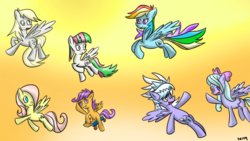 Size: 900x506 | Tagged: safe, artist:thexerostorm, blossomforth, cloudchaser, derpy hooves, flitter, fluttershy, rainbow dash, pegasus, pony, g4