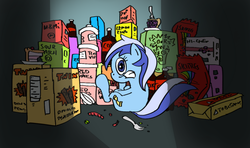 Size: 900x532 | Tagged: dead source, safe, artist:onsaud, minuette, pony, unicorn, g4, candy, caught, female, solo