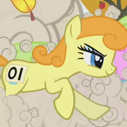 Size: 597x597 | Tagged: safe, screencap, carrot top, daisy, flower wishes, golden harvest, earth pony, pony, fall weather friends, g4, season 1, animation error, background pony, cropped, dust cloud, female, mare, narrowed eyes, running