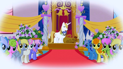 Size: 640x360 | Tagged: safe, screencap, carrot top, daisy, derpy hooves, flower wishes, golden harvest, merry may, minuette, prince blueblood, rainbowshine, twinkleshine, earth pony, pegasus, pony, unicorn, g4, my little pony: friendship is magic, season 1, the ticket master, female, male, mare, stallion