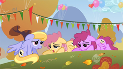 Size: 640x360 | Tagged: safe, screencap, cloud kicker, dizzy twister, juicy fruit, orange swirl, pegasus, pony, fall weather friends, g4, background pony, balloon, female, mare, not berry punch, tired, trio