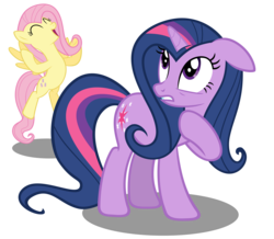 Size: 6200x5400 | Tagged: dead source, safe, artist:austiniousi, fluttershy, twilight sparkle, pegasus, pony, unicorn, g4, absurd resolution, alternate hairstyle, alternate tailstyle, duo, duo female, female, floppy ears, happy, mane swap, mare, simple background, smiling, surprised, tail, transparent background, unicorn twilight, vector, yay