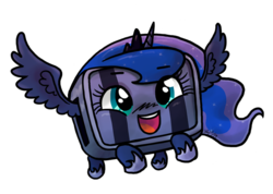 Size: 717x510 | Tagged: safe, artist:zicygomar, princess luna, g4, balrog (cave story), cave story, cute, female, flying, huzzah, looking at you, lunabetes, open mouth, parody, simple background, smiling, solo, spread wings, toaster, transparent background, wat