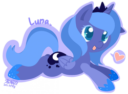 Size: 800x591 | Tagged: safe, artist:snow angel, princess luna, pony, g4, colored pupils, female, heart, mare, pixiv, prone, s1 luna, simple background, smiling, solo, white background, woona