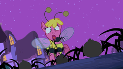 Size: 1280x720 | Tagged: safe, screencap, cherry berry, earth pony, pony, spider, g4, luna eclipsed, season 2, animal costume, bee costume, clothes, costume, female, mare, night, nightmare night, nightmare night costume, swarm