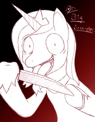 Size: 3500x4508 | Tagged: safe, artist:ficklemetal, princess luna, pony, g4, blade lick, creepy, female, knife, licking, lunatic, monochrome, solo, tongue out