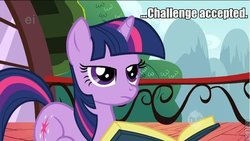 Size: 600x338 | Tagged: safe, twilight sparkle, pony, unicorn, g4, book, challenge accepted, ei, female, hub logo, image macro, unicorn twilight