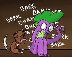 Size: 640x511 | Tagged: safe, artist:spikeandfriends, spike, winona, dog, dragon, g4, annoying, applejack's pet, barking, brown background, dark, dungeon, duo, duo male and female, female, funny, gradient background, gritted teeth, insanity, male, open mouth, pain, pet, simple background, sitting, spike and friends, text, tongue out, wat, wide eyes, wingless spike