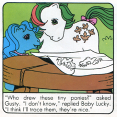 Size: 234x234 | Tagged: safe, official comic, baby lucky, gusty, g1, my little pony and friends, my little pony and friends #3, bow, cropped, drawing, plagiarism, table, tail, tail bow, trace