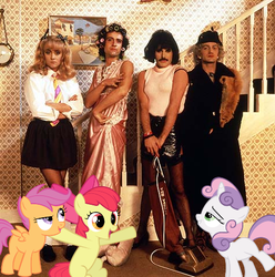 Size: 475x479 | Tagged: safe, apple bloom, scootaloo, sweetie belle, human, pony, g4, brian may, cutie mark crusaders, freddie mercury, irl, irl human, john deacon, manly, manly as fuck, photo, ponies in real life, queen (band), roger taylor, vector