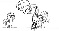 Size: 1486x795 | Tagged: safe, artist:inivonwini, pipsqueak, oc, oc:littlepip, earth pony, pony, unicorn, fallout equestria, g4, black and white, clothes, colt, fanfic, fanfic art, female, grayscale, horn, jumpsuit, male, mare, monochrome, pipbuck, simple background, vault suit, white background