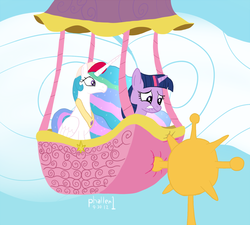 Size: 1152x1036 | Tagged: safe, artist:phallen1, princess celestia, twilight sparkle, g4, canterlot, hot air balloon, twinkling balloon