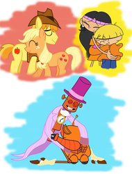 Size: 2367x3120 | Tagged: safe, artist:cartuneslover16, applejack, braeburn, gizmo, oc, oc:rocky, earth pony, pony, g4, codename kids next door, crossover, female, high res, male, mare, non-mlp oc, numbuh 4, robot and monster, robot default, stallion, wallabee beatles