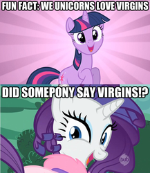 Size: 625x721 | Tagged: safe, edit, edited screencap, screencap, rarity, twilight sparkle, classical unicorn, pony, unicorn, g4, bend over, caption, comic, female, horn, hub logo, mare, mythology, virgin